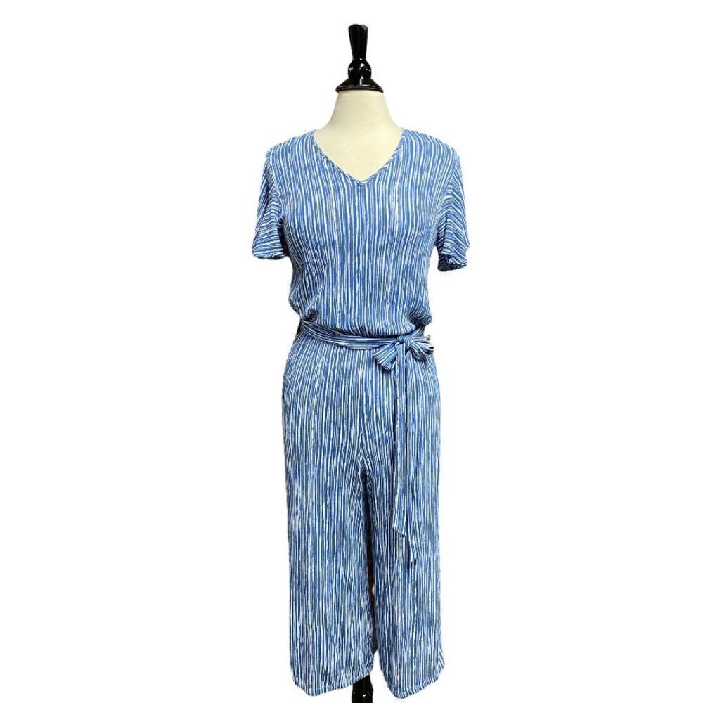 MudPie Blue Stripe Short Sleeve Crop Jumpsuit Size XS